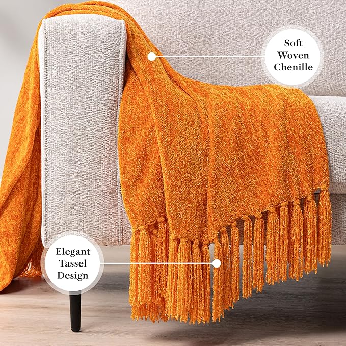PAVILIA Orange Chenille Throw Blanket for Couch Sofa, Soft Knit Throw with Tassel, Decorative Blanket for Bed Chair Living Room, Orange 50x60