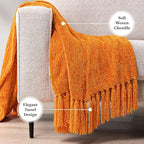PAVILIA Orange Chenille Throw Blanket for Couch Sofa, Soft Knit Throw with Tassel, Decorative Blanket for Bed Chair Living Room, Orange 50x60