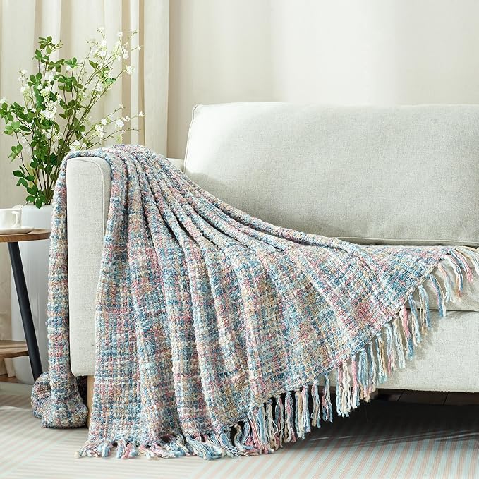 Multi-Color Pink Blue Cable Woven Throw Blanket for Couch,50"X60" Boho Style Textured Blankets for Home Decor,Super Soft Warm Cozy Chunky Blanket with Decorative Tassels for Bed