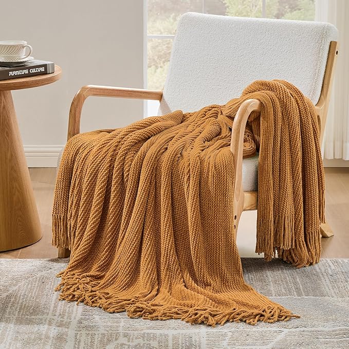 inhand Brown Throw Blanket for Couch Bed,Fall Home Decorative Soft Chunky Chenille Woven Blankets with Tassels,Lightweight Cozy Boho Farmhouse Warm Winter Gifts for Women,60"x80",Extra Thick