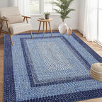 RUGSREAL 10x13 Large Living Room Rug Braided Print Rug Boho Throw Carpet Farmhouse Rustic Dining Room Carpet Non Slip Geometric Bordered Area Rug Bohemian Carpet for Bedroom Home Decor Office, Navy