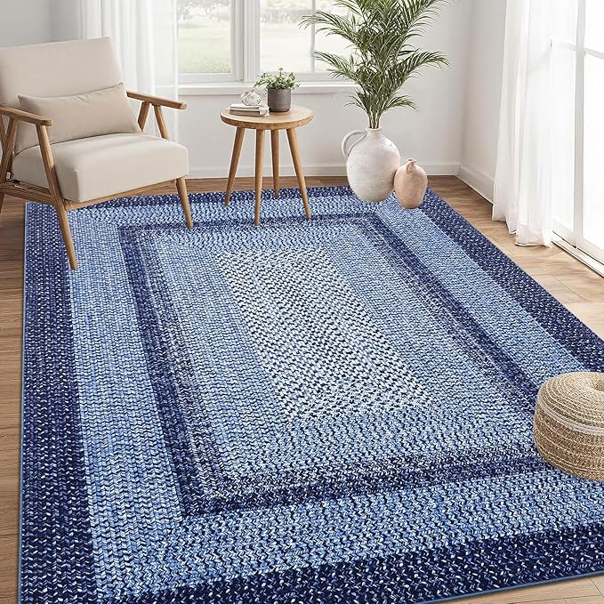 RUGSREAL Large Bedroom Rug 6x9 Machine Washable Rug Throw Floor Cover Farmhouse Rustic Dining Room Carpet Geometric Bordered Braided Carpet for Living Room Home Office, Navy