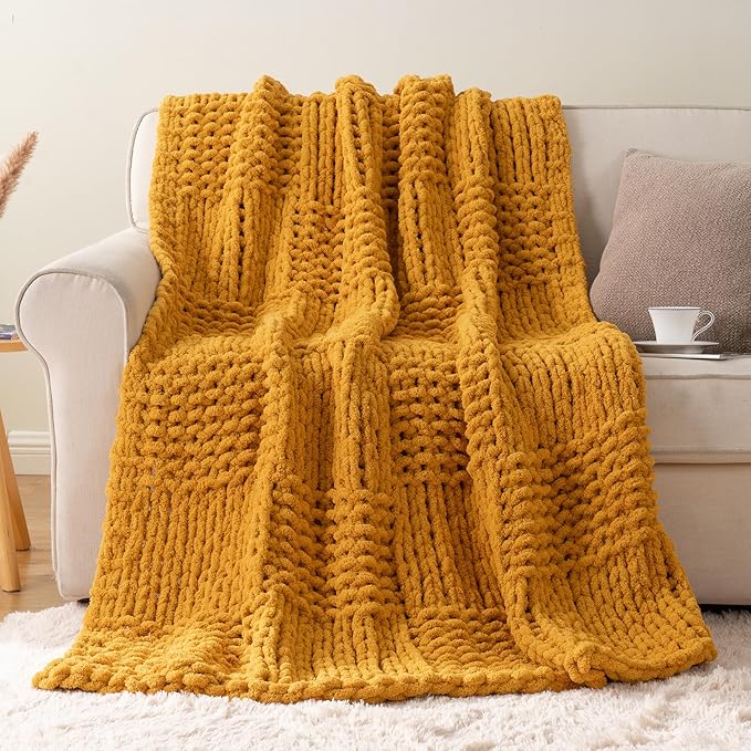 Bunnikins & Clover Mustard Yellow Throw Blanket for Couch, Chunky Knit Gold Blanket Throw with Chenille Yarn for Bed Living Room Home Decor, 50"x60"