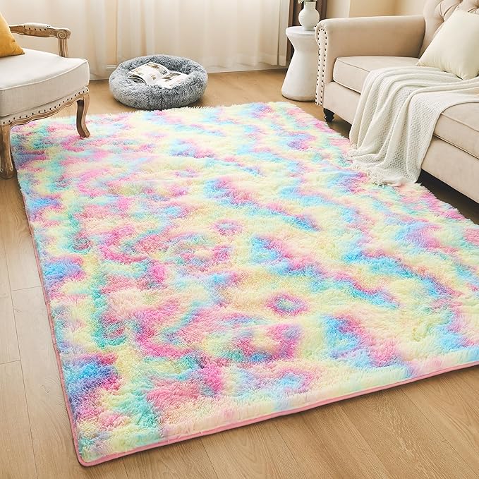 Litanika 5x8 Shag Area Rug for Living Room Bedroom, Tie-Dyed Rainbow High Pile Soft Plush Shaggy Furry Cute Bedside Playroom Dorm Carpet, Non-Slip, Non-Shedding Modern Indoor Floor Rug