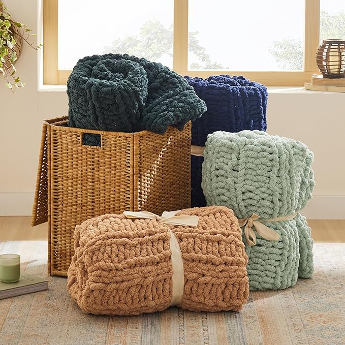 Bedsure Chunky Knit Throw Blanket for Couch - 100% Hand Knitted, 5.06 lbs GentleSoft Blanket with Giant Chenille Yarn for Bed Living Room Home Decor, Thick and Cozy, Sage Green, 50x60 Inches