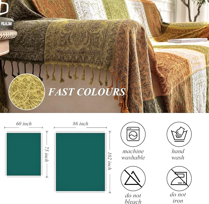 Boho Couch Cover - Hippie Chenille Jacquard Bohemian Chair Couch Sofa and Bed Furniture Cover with Colorful Tribal Pattern (Green, 87" x 102")