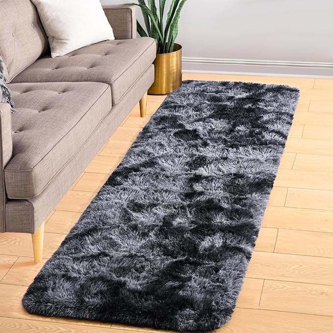 ISEAU Runner Rug for Bedroom, 2x6 Feet Shag Area Rug with Upgrade Non Slip, Fluffy Carpet Runner for Hallway, Fuzzy Soft Living Room Rugs for Boys Bedroom Decor, Dark Grey