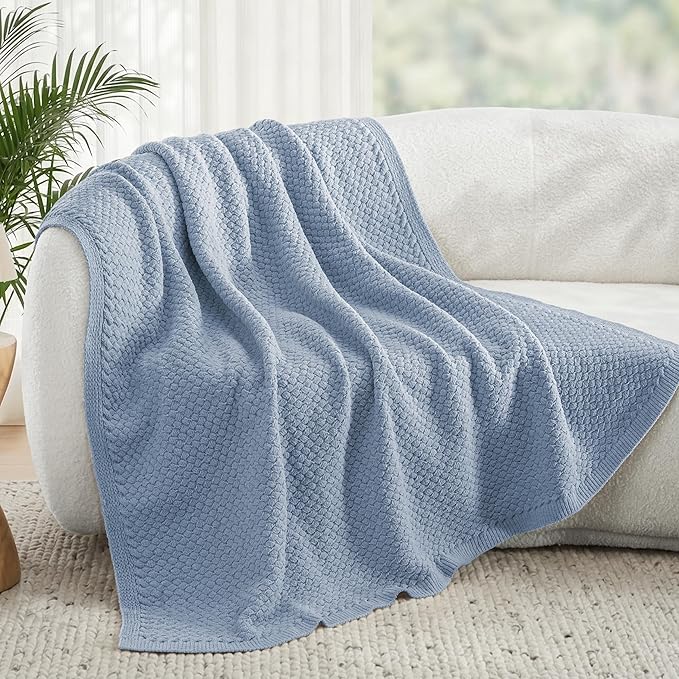 Whale Flotilla Chunky Knit Throw Blanket for Couch and Bed, Grey Blue Decorative Cozy Fleece Blanket, Reversible Soft Fuzzy Woven Throws, 50x60 Inch