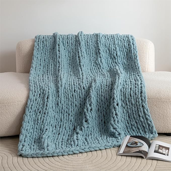 Luxury Chunky Knit Blanket Throw, Handmade Thick Chenille Yarn Throw 50x60, Cable Knit Crochet Blanket, Decorative Cozy and Soft Crochet Throw Blanket for Couch Home Decor