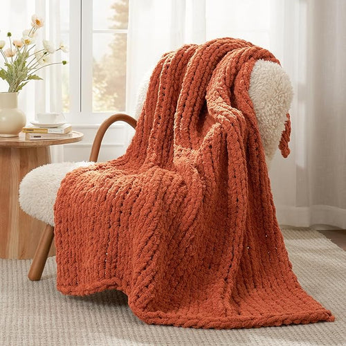 Amélie Home Chunky Knit Throw Blanket for Couch, Soft Chenille Handmade Crochet Throw Rope Knot Blanket for Couch, 50"x60", Burnt Orange