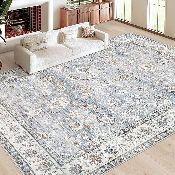 XLUEZ Area Rug 10x12 Living Room Rugs, Machine Washable Vintage Distressed Boho Area Rug Non-Slip Soft Low Pile Large Indoor Rugs for Bedroom Kitchen Dining Room Office(Light Blue,10'x12')