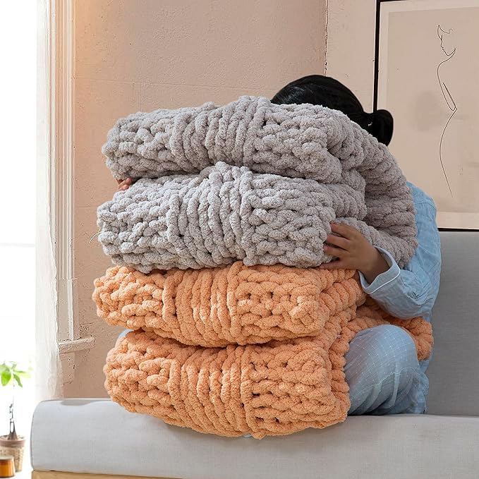 Chunky Knit Blanket Throw - 100% Hand Knitted Thick and Warm Throw for Winter, Linen, 50x60 Inches, Crochet