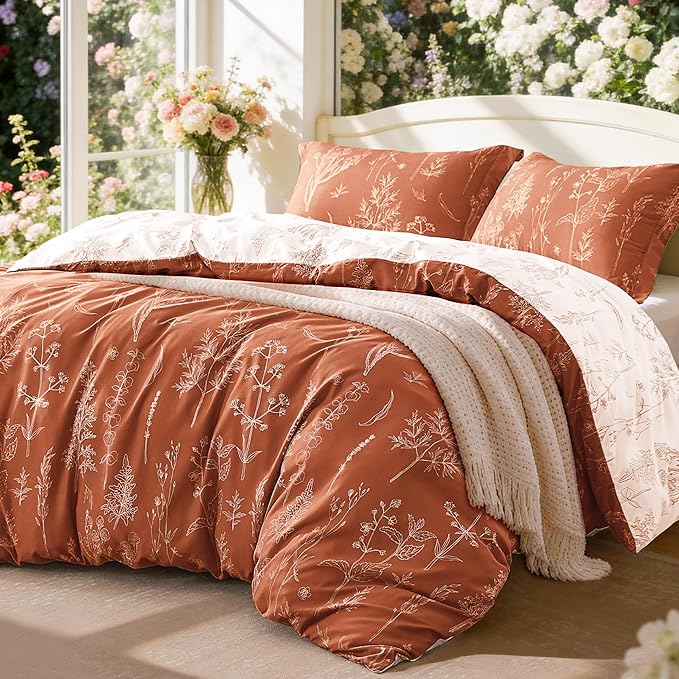 Love's cabin Terracotta Full Comforter Set - Full Size Comforter Set, 3 Pieces Cute Floral Bedding Sets for All Seasons,1 Soft Reversible Botanical Flowers Comforter and 2 Pillow Shams