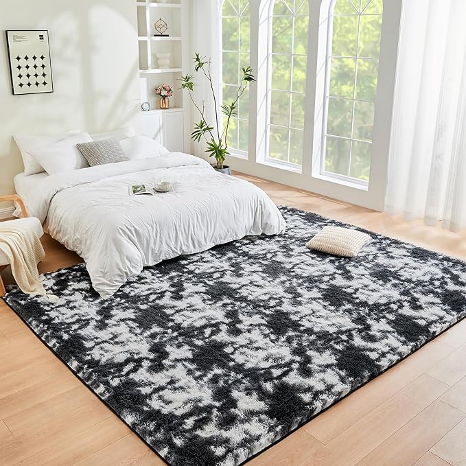 Litanika 6x9 Fluffy Shag Faux Fur Area Rug for Living Room Bedroom, Tie-Dyed Black White High Pile Soft Plush Shaggy Furry Bedside Playroom Dorm Carpet, Non-Slip, Non-Shedding Modern Indoor Floor Rug