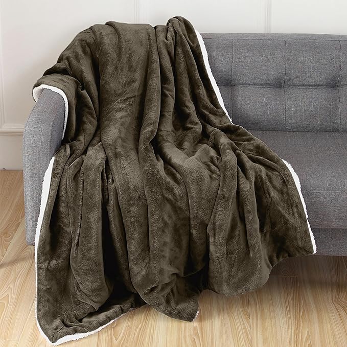 Elegant Comfort Throw Blanket, Reversible Sherpa Flannel, Ultra-Soft, Fuzzy, Cozy and Plush- All Season Lightweight Decorative Throw, 50 x 60 inches, Solid Sherpa Throw, Brown