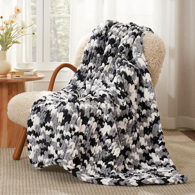 Amélie Home Chunky Knit Throw Blanket for Couch, Soft Chenille Handmade Crochet Throw Rope Knot Blanket for Couch, 50"x60", Space-Dyed Black