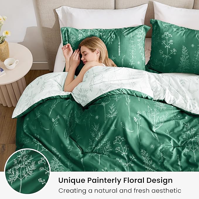 Love's cabin Emerald Full Comforter Set - Full Size Comforter Set, 3 Pieces Cute Floral Bedding Sets for All Seasons,1 Soft Reversible Botanical Flowers Comforter and 2 Pillow Shams