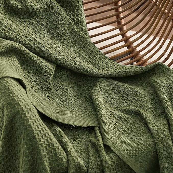 Bedsure Gentlesoft 100% Cotton Big Blanket Oversized King for Bed - Large Breathable Thick Waffle Weave Blanket for Summer, Couch Cover, Olive Green, 120x94 inches