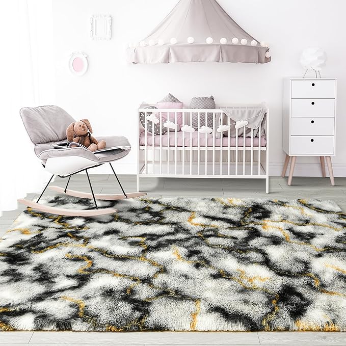 Noahas Fluffy 4x6 Area Rugs for Bedroom Living Room,Thick Shag Grey and Gold Throw Floor Carpet,Soft Shaggy Bedside Non-Slip Plush Dorm Nursery Kids Rug