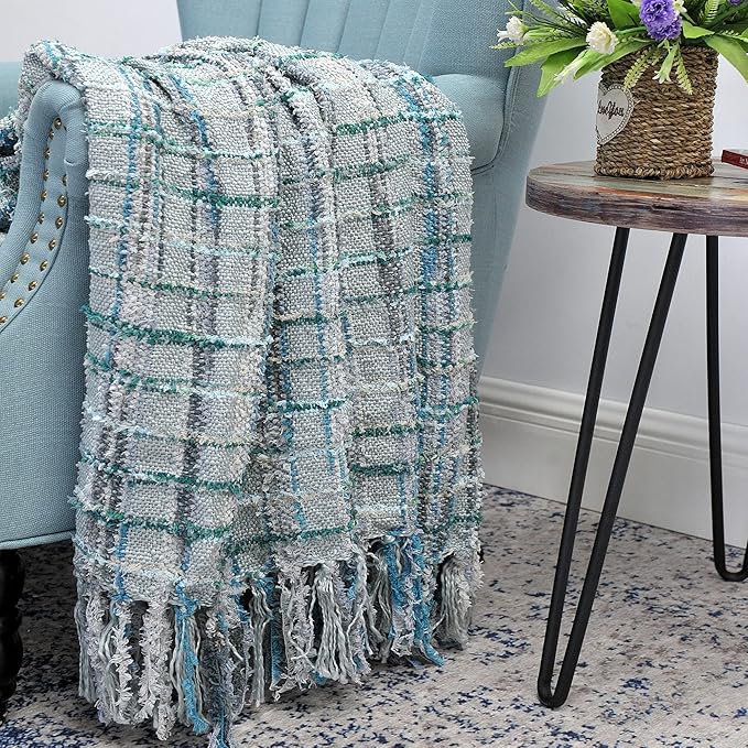 Multicolored Chenille Knitted Throw Soft Cozy Fluffy Reversible Boho Plaid Throw Blanket with Tassels for Couch Chair Bed Cover Living Room Bedroom Décor, 50" x 60", Gray Blue