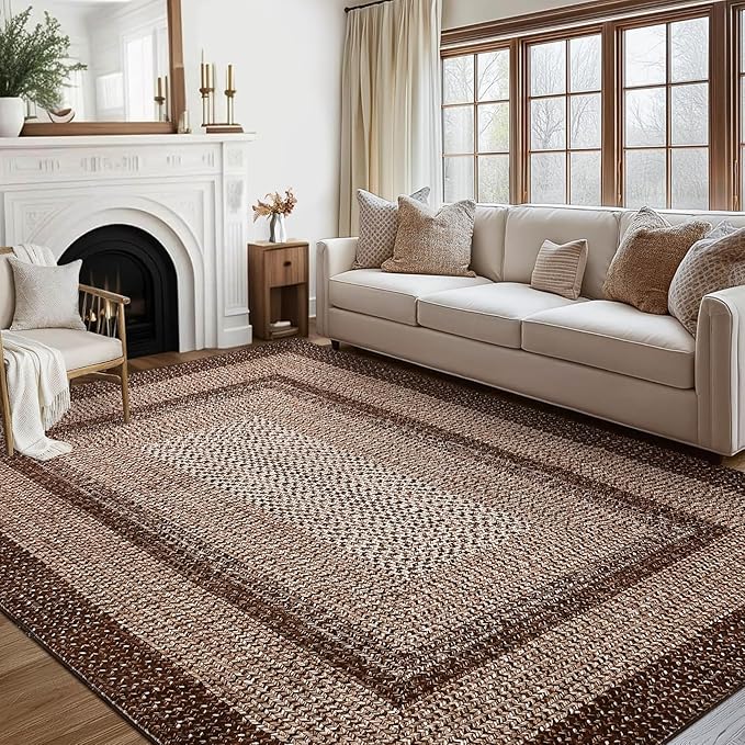 RUGSREAL Washable Rug 5x7 Boho Accent Bedroom Rugs Modern Geometric Floor Carpet Indoor Low Pile Non Slip Farmhouse Rustic Bohemian Carpet for Living Room Nursery Kitchen, Brown