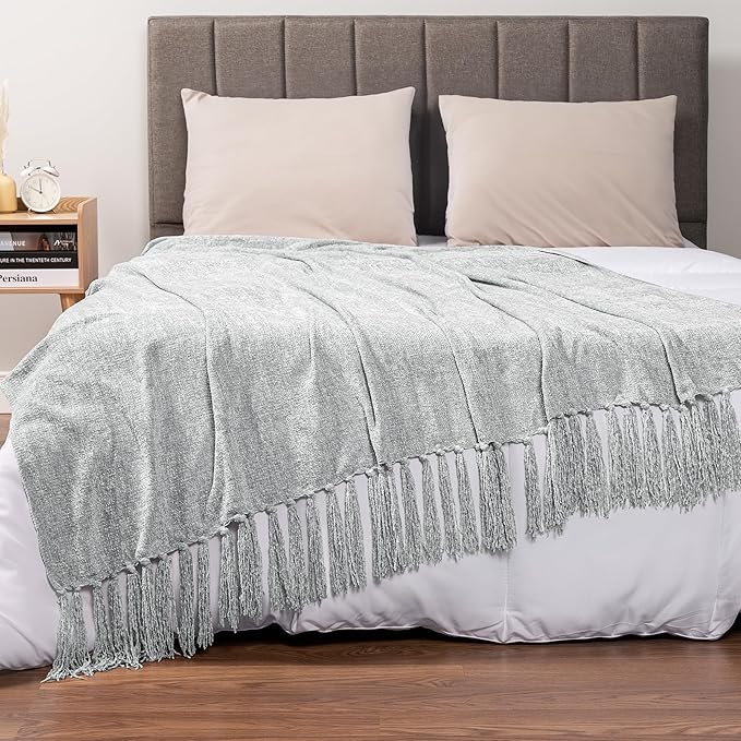 PAVILIA Light Gray Chenille Throw Blanket for Couch, Sofa Bed - Soft Knit Woven with Tassel, Decorative for Chair Living Room - Light Grey 50x60