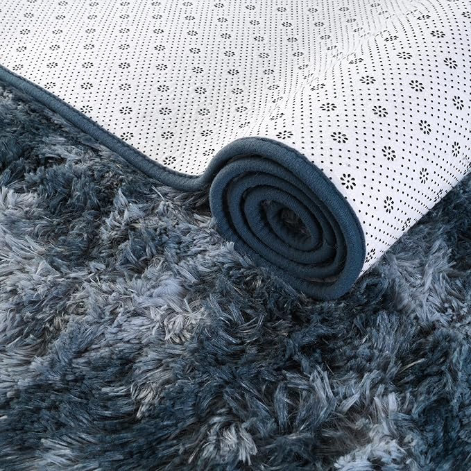 ISEAU Runner Rug for Bedroom, 2x6 Feet Shag Area Rug with Upgrade Non Slip, Fluffy Carpet Runner for Hallway, Fuzzy Soft Living Room Rugs for Boys Bedroom Decor, Dark Blue