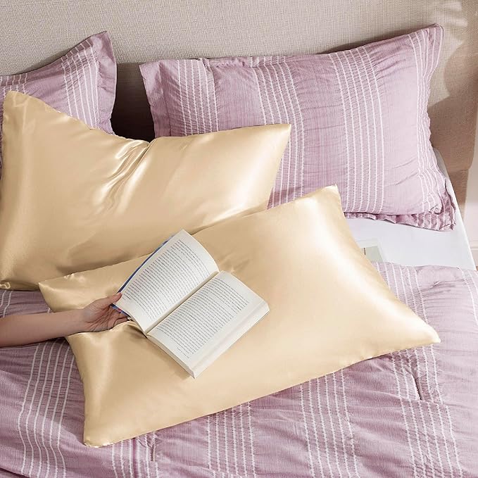Bedsure Satin Pillowcase with Zipper, Similar to Silk Pillow Cases 2 Pack, Silky & Soft Satin Pillow Cases Standard Size for Hair and Skin, Champagne Pillow Covers, Gifts for Women Men, 20x26 Inches
