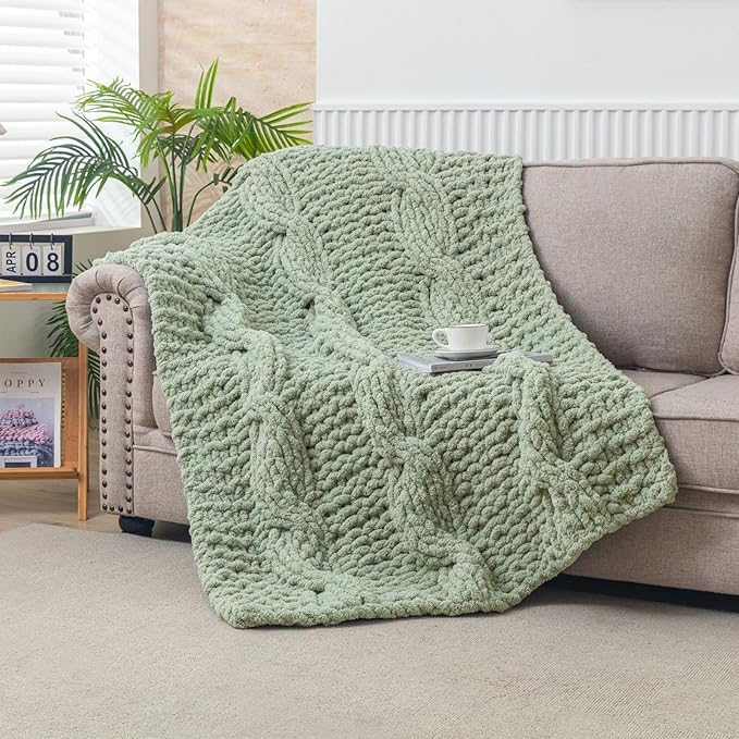 WESHIONGOO Chunky Knit Blanket Throw 50"×60" Knitted Throw Blankets for Couch Bed Fluffy Soft Blanket with Jumbo Chenille Yarn Thick 100% Handmade (Sage Green)