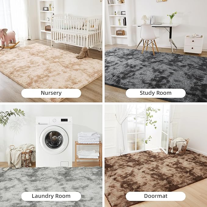 Litanika 6x9 Shag Area Rug for Living Room Bedroom, Tie-Dyed Beige High Pile Soft Plush Shaggy Furry Cream Bedside Playroom Dorm Carpet, Non-Slip, Non-Shedding Modern Indoor Floor Rug