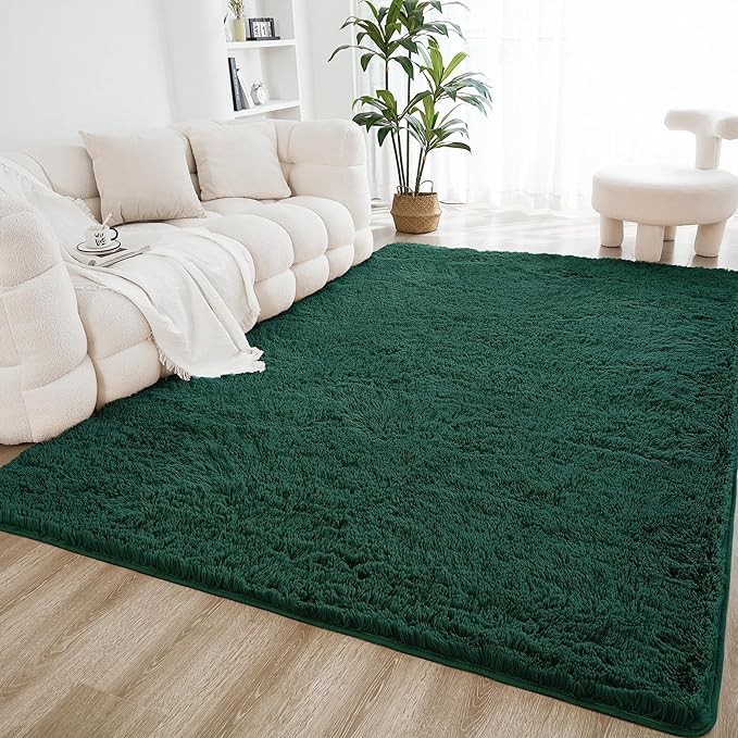 Litanika 6x9 Shag Area Rug for Living Room Bedroom, Emerald Dark Green High Pile Ultra Soft Plush Shaggy Furry Bedside Playroom Dorm Carpet, Non-Slip, Non-Shedding Modern Indoor Floor Rug