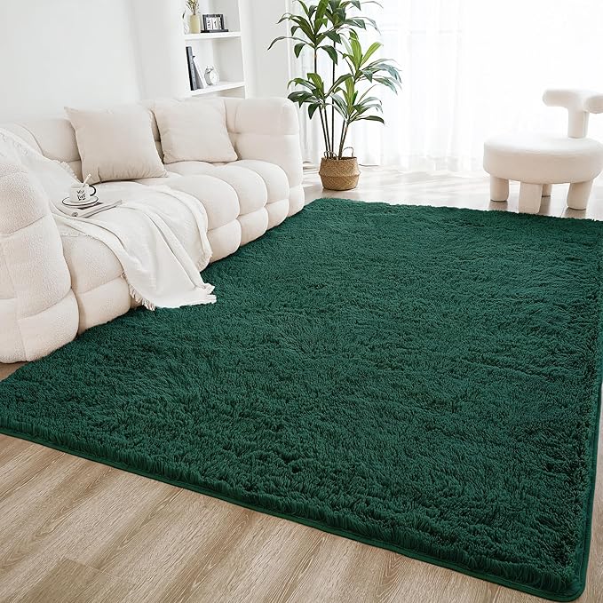 Litanika 9x12 Shag Area Rug for Living Room Bedroom, Emerald Dark Green High Pile Ultra Soft Plush Shaggy Furry Bedside Playroom Dorm Carpet, Non-Slip, Non-Shedding Modern Indoor Floor Rug