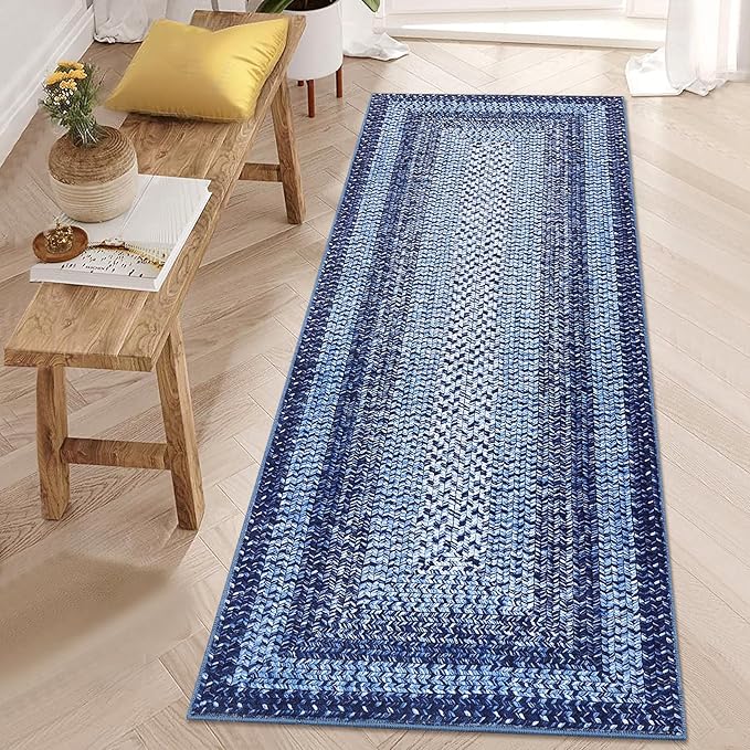 RUGSREAL 2x6 Runner Rug Braided Print Hallway Runner Rug Boho Rug Machine Washable Throw Floor Cover Non Slip Moroccan Carpet for Kitchen Farmhouse Rustic Runner for Living Room Bedroom, Navy