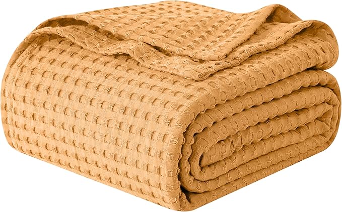 Elegant Comfort Premium 100% Cotton Waffle Blanket - Lightweight Breathable Waffle Weave Bed Blanket - Soft and Warm All Season Blanket for Couch, Sofa and Bed, King Size 90x108 Inches, Gold