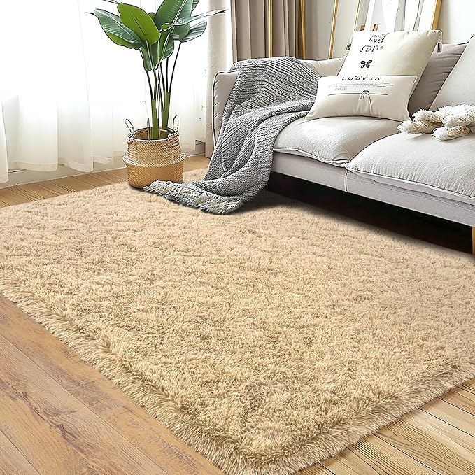 KING DARE Beige Rug for Bedroom 4x6, Fluffy Shaggy Washable Floor Area Rug, Fuzzy Furry Non-Slip Soft Plush Carpet for Living Room Playroom Kids Room Modern Aesthetic Decor