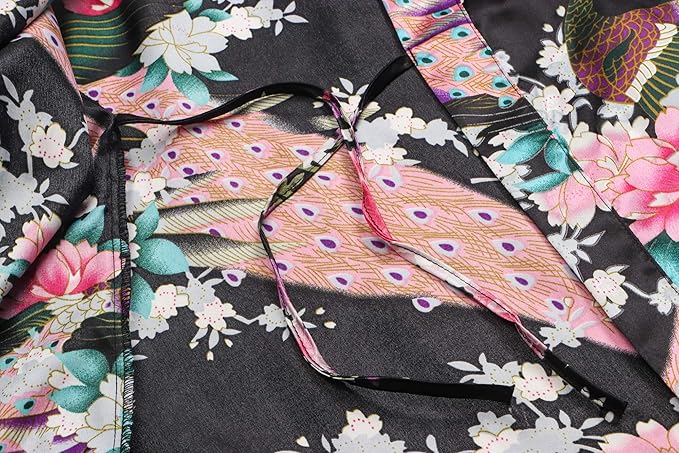 Women's Short Kimono Robes Bride and Bridesmaid Satin Floral Bathrobe Peacock Sleepwear Dressing Gown for Wedding Party