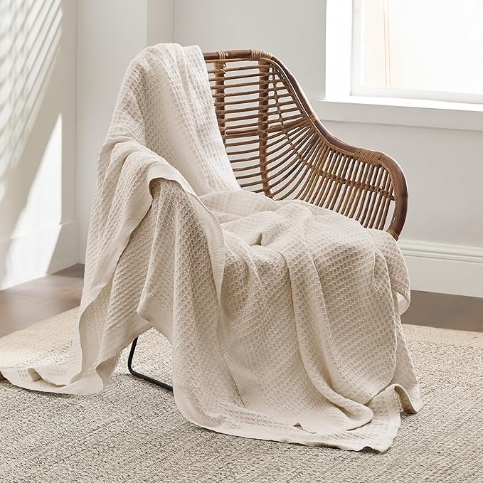 Bedsure Gentlesoft 100% Cotton Blanket Twin XL Size for College Dorm - Breathable and Soft for Spring Summer, Waffle Weave Twin Blanket for Bed, Dorm Room Essentials, Light Beige, 66x90 inches