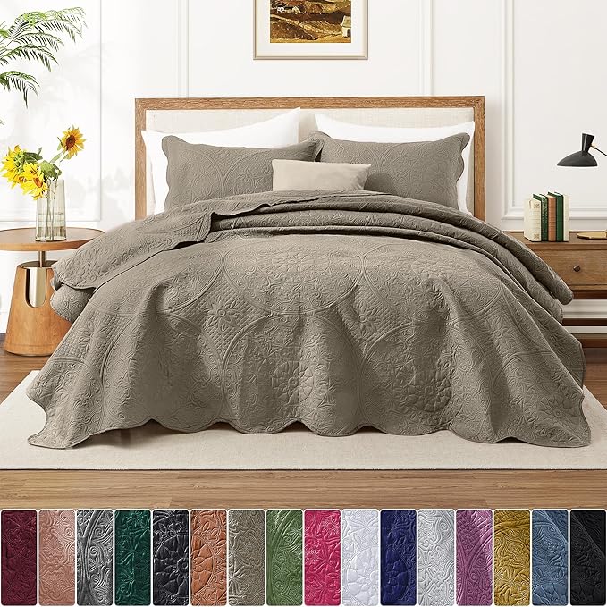 IR Imperial Rooms Queen Quilt Bedding Set Size (90" x 96") + 2 Pillow Shams (20" x 26"+ 2") - 3 Pcs All Season Lightweight Reversible Microfiber Coverlet Floral Embossed Quilt Bedspread (Beige)