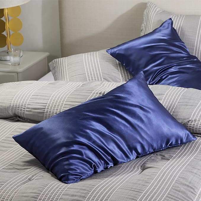 Bedsure Satin Pillowcase with Zipper, Similar to Silk Pillow Cases 2 Pack, Satin King Size Pillow Cases Set of 2, Silky & Soft Pillow Cover for Hair and Skin, Gifts for Women Men, Navy, 20x36 Inches