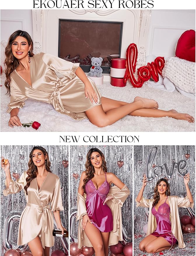 Ekouaer Women's Satin Robe Valentines Lingerie for Women Kimono Bathrobe Short Ruffle Belted Robes Bridesmaids Sleepwear