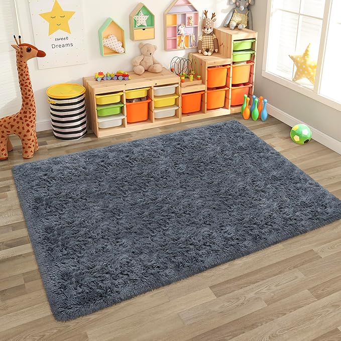 5x8 Grey Fluffy Rugs for Living Room Bedroom Soft Shaggy Fur Rug Modern Indoor Furry Floor Carpet Washable Plush Fuzzy Kids Rug for Nursery Playroom Dorm Decor