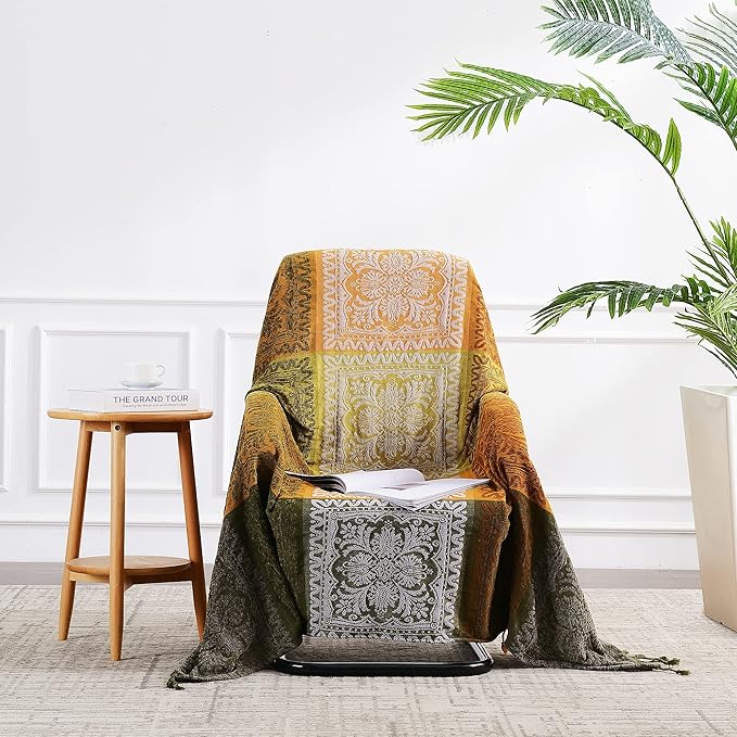Boho Sofa Cover, Bohemian Throw Blanket Tassels Hippie Decor Covers Couch Chair loveseat Furniture Bed， Bohemian Tribal Fringe slipcover