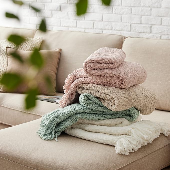 Bedsure Sage Green Throw Blanket for Couch - Versatile Knit Woven Chenille Spring Blanket for Chair, Super Soft, Warm & Decorative Throw with Tassels for Bed, Sofa and Living Room(Sage Green, Throw)