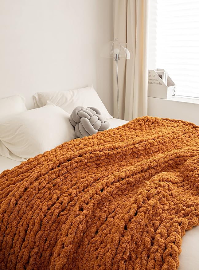 Chunky Knit Blanket Soft Chenille Yarn Knitted Throw Blanket 50"X60" Handmade Cable Warm Thick Giant Blanket for Couch Bed Trips (Burnt Orange, Throw 50¡°x60¡±)¡­