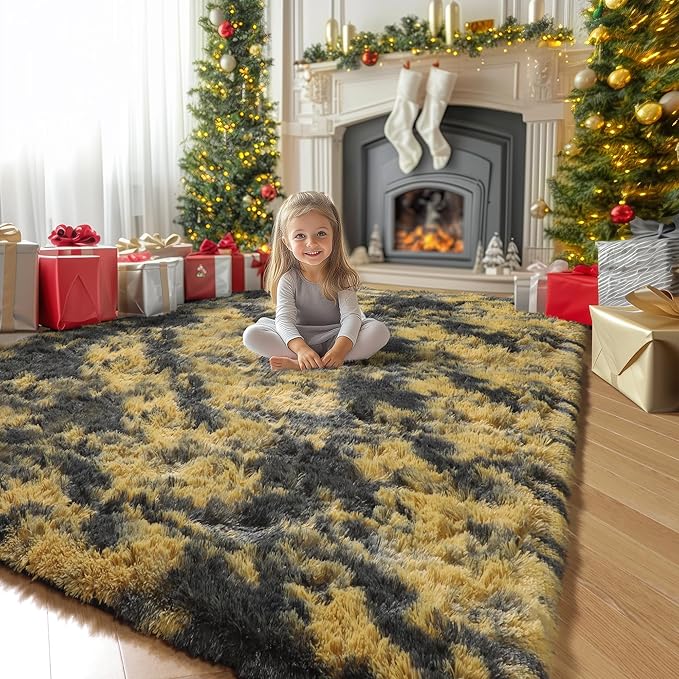 Amdrebio Black Gold Yellow Grey Rugs for Living Room Bedroom Decor, 8x10 Large Fluffy Furry Fuzzy Area Rug for Kids Room Dorm Home Office, Modern Cool Leopard Cheetah Big Carpet for Teen Boys Men