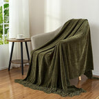Chenille Throw Blanket for Couch with Tassels,50"X60" Soft Cozy Lightweight Knitted Boho Decorative Blankets for Bed and Sofa,Olive Green
