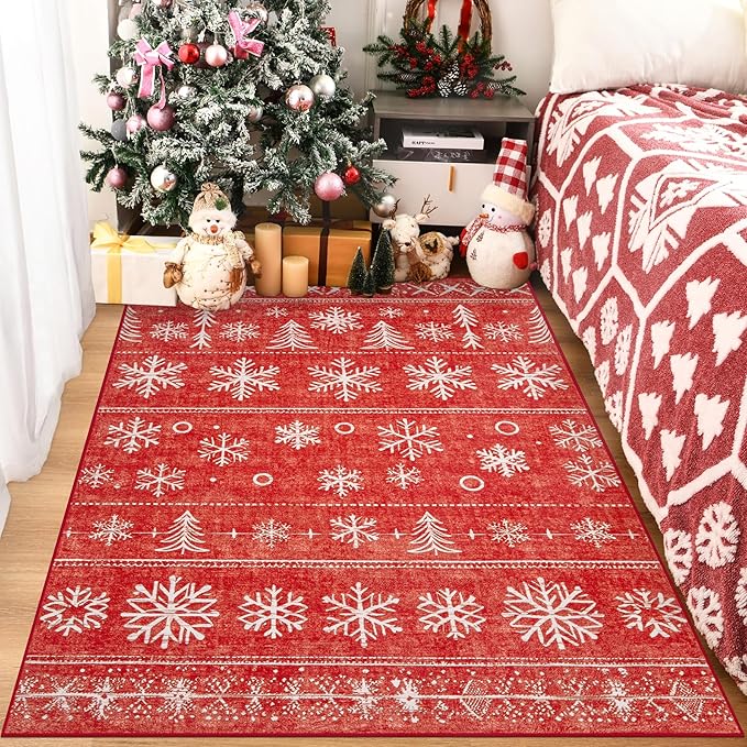 XLUEZ Area Rug 4x6 Christmas Rugs, Machine Washable Boho Christmas Tree Snowflake Rug Non-Slip Soft Low Pile Holiday Indoor Rugs for Bedroom Kitchen Dining Room Office(Xmas Red, 4'x6')