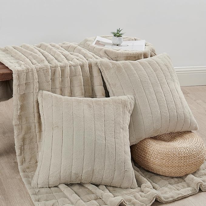 Striped Throw Blanket and Pillow Covers Set (No Inserts) for Couch and Bed, Plush Warm Lightweight Fuzzy Faux Fur Blanket for All Seasons (60" x 80", Oatmeal)