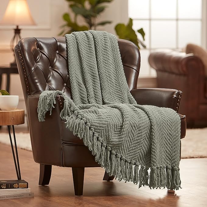 Chanasya Premium Textured Knit Throw Blanket with Tassels - Soft, Cozy Blanket for Couch, Bed, Living Room - 50" x 65” - Tan Sage