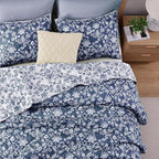 BLOOMHAVEN Quilt Set Queen Size, Oxford Blue Floral Quilt Sets, Reversible Bedspread Lightweight and Breathable for All Seasons, Soft Quilted Bedspread with 2 Pillow Shams